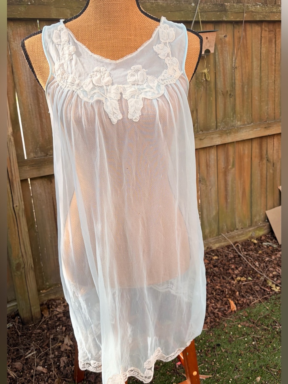 Vintage Baby Blue Sheer Nylon Babydoll Lingerie 1950s/60s Floral Appliqué Ling